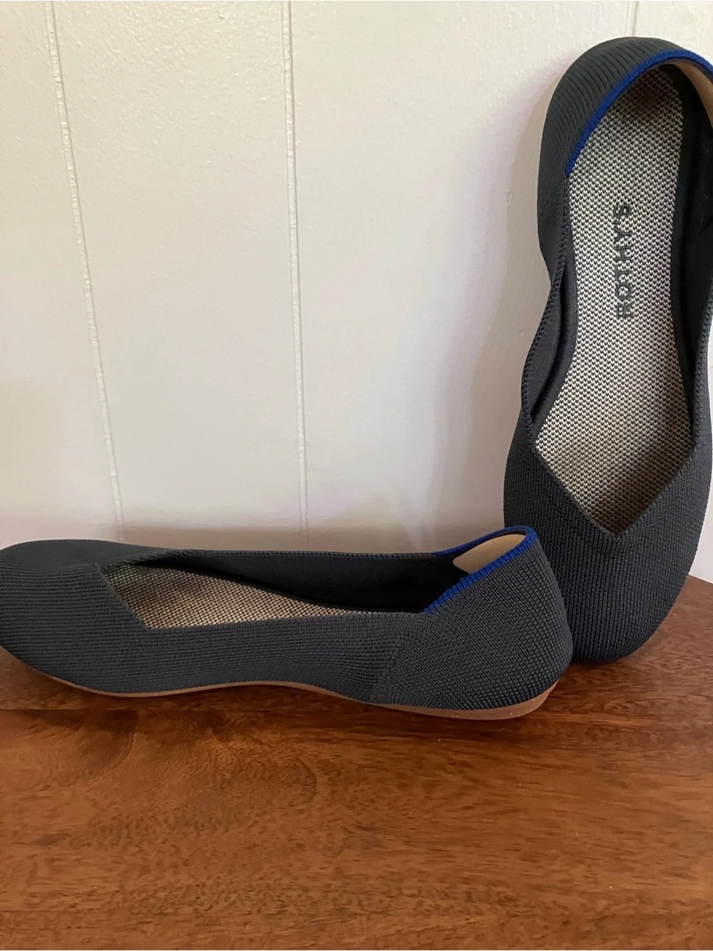 Rothy's Black Pointed Knit Flats with Blue Trim